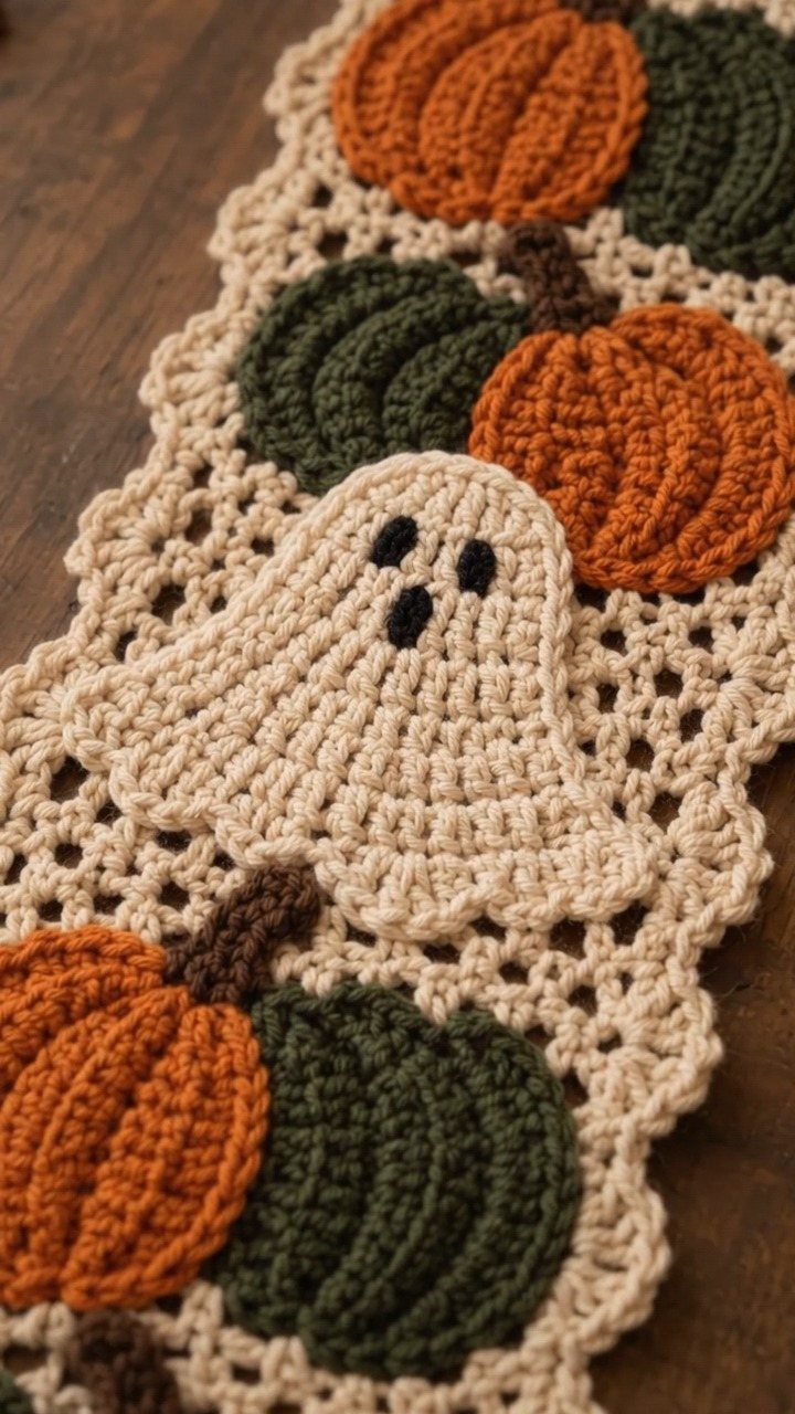 Crocheted table runner with orange pumpkins, green pumpkins, and a white ghost.