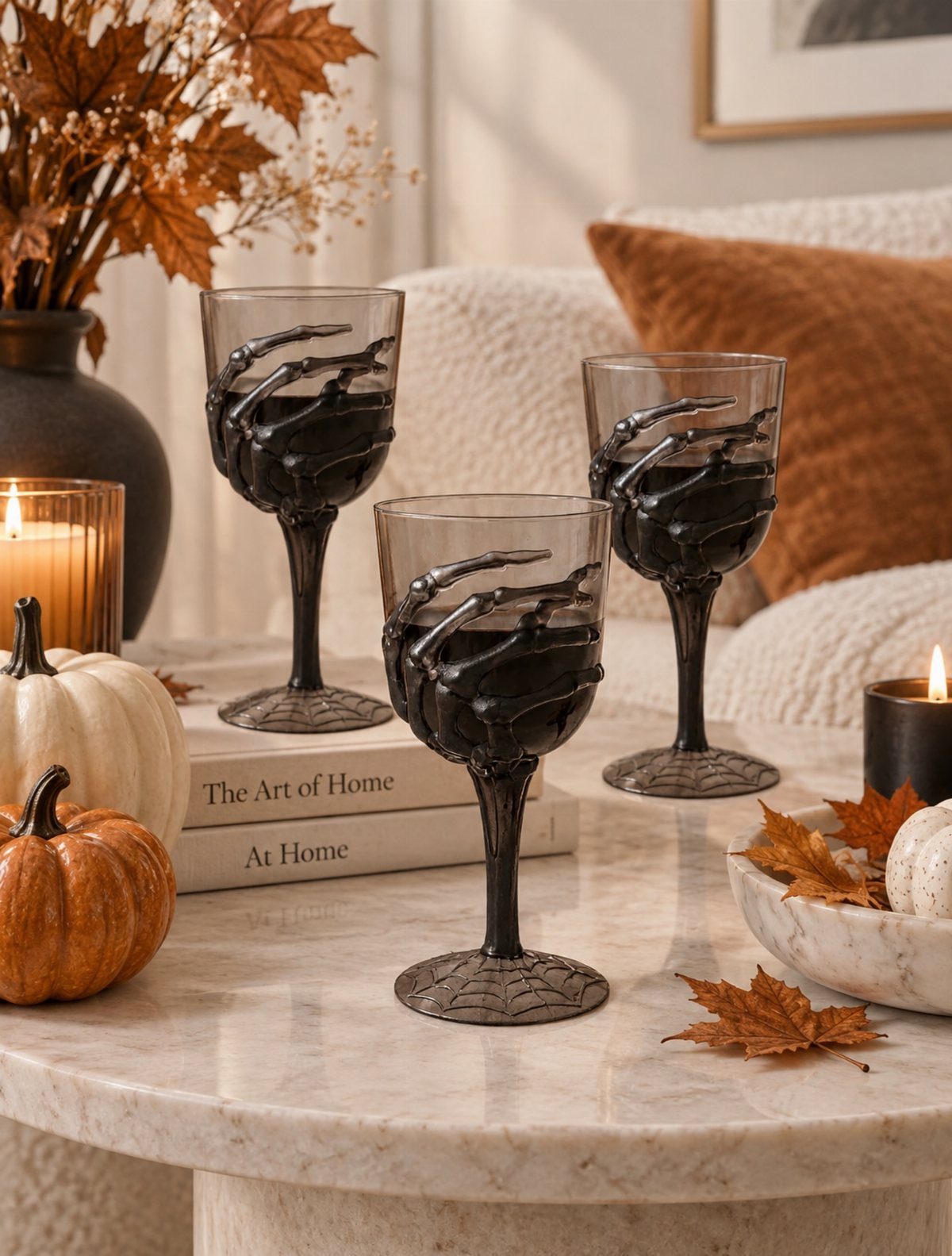 Skeletal hand wine glasses on a marble table with pumpkins and autumn leaves.