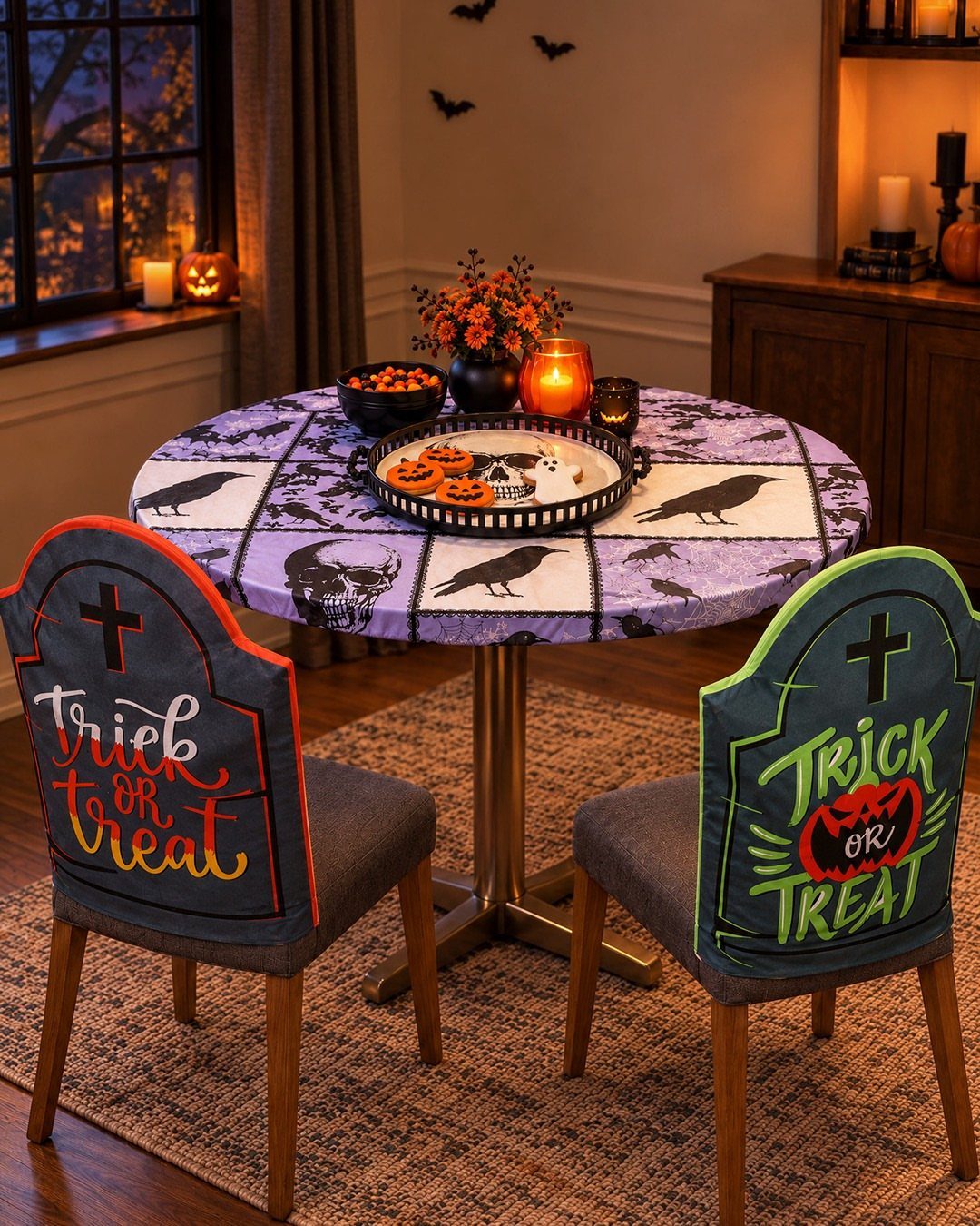 Halloween table setting with purple tablecloth, themed chair covers, and pumpkin treats.