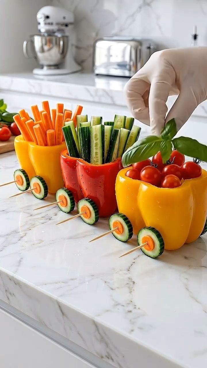Bell pepper cars filled with carrot sticks, cucumber sticks, and cherry tomatoes.