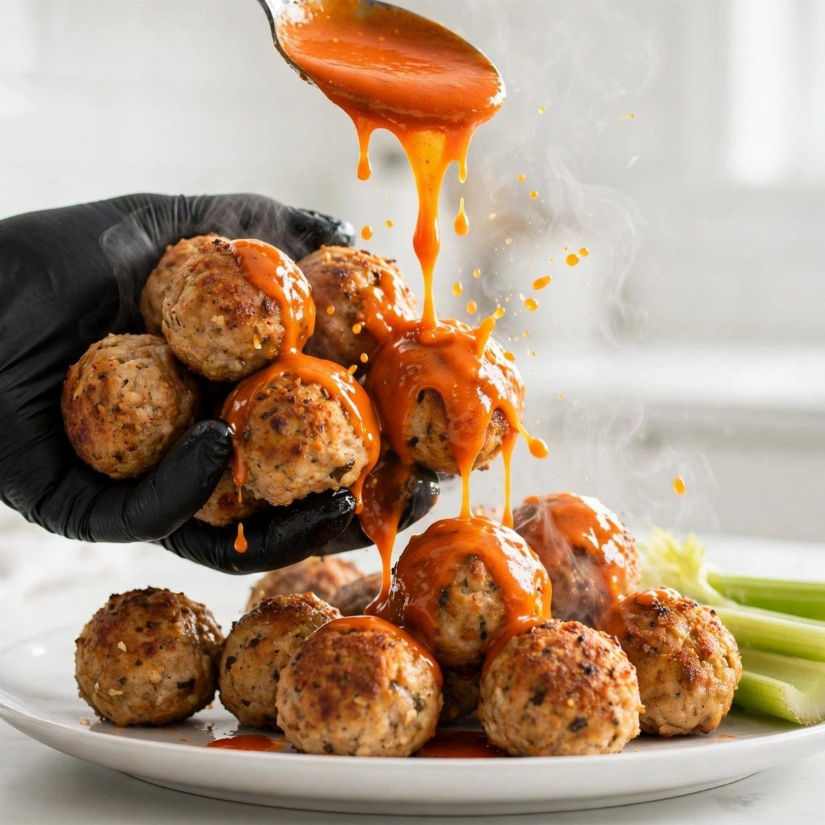 Buffalo chicken meatballs on a white plate with orange sauce being poured over them