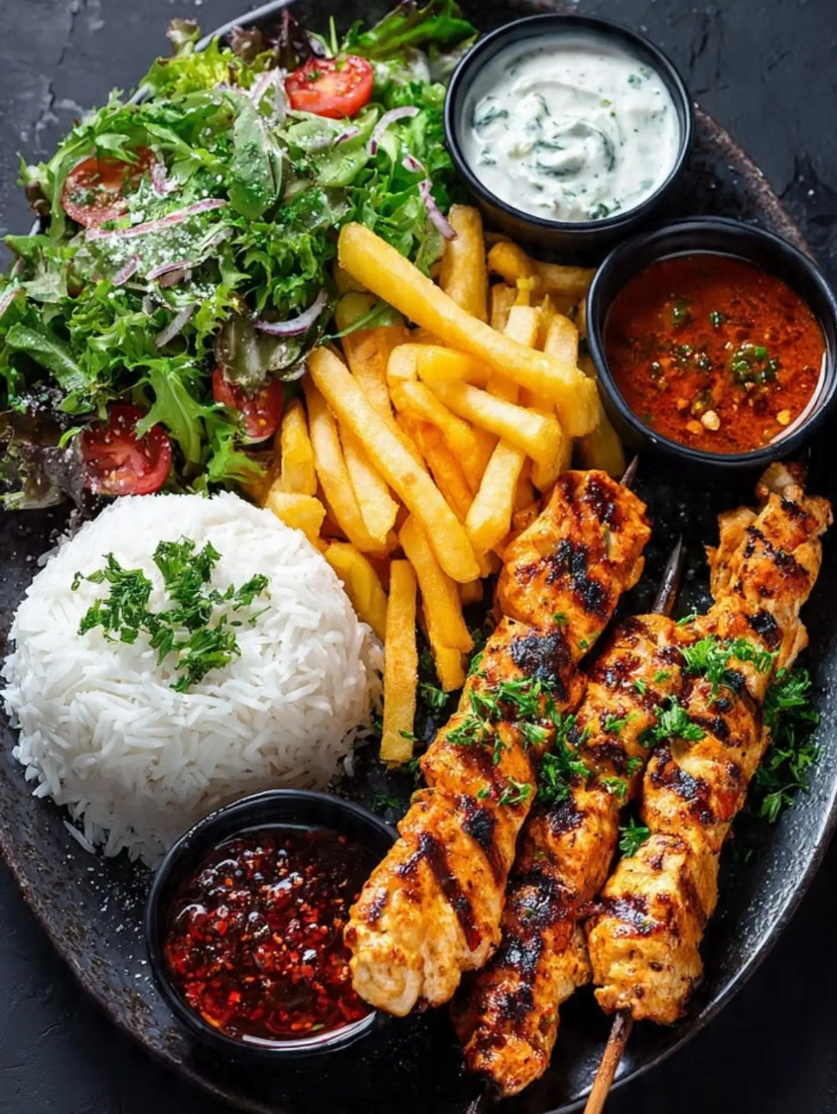 Grilled chicken skewers served with white rice, french fries, salad, and dipping sauces.