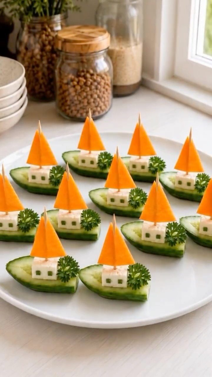 Cucumber boat appetizers with cheese cubes, carrot sails, and broccoli on a plate