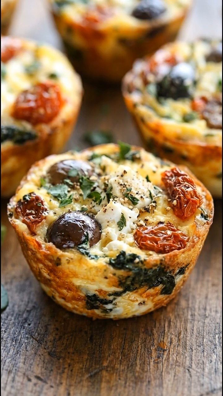 Savory egg muffins with spinach, olives, and sun-dried tomatoes on a wooden board.