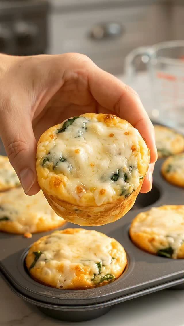 Savory vegetable muffin with melted cheese and spinach held above a muffin tin.