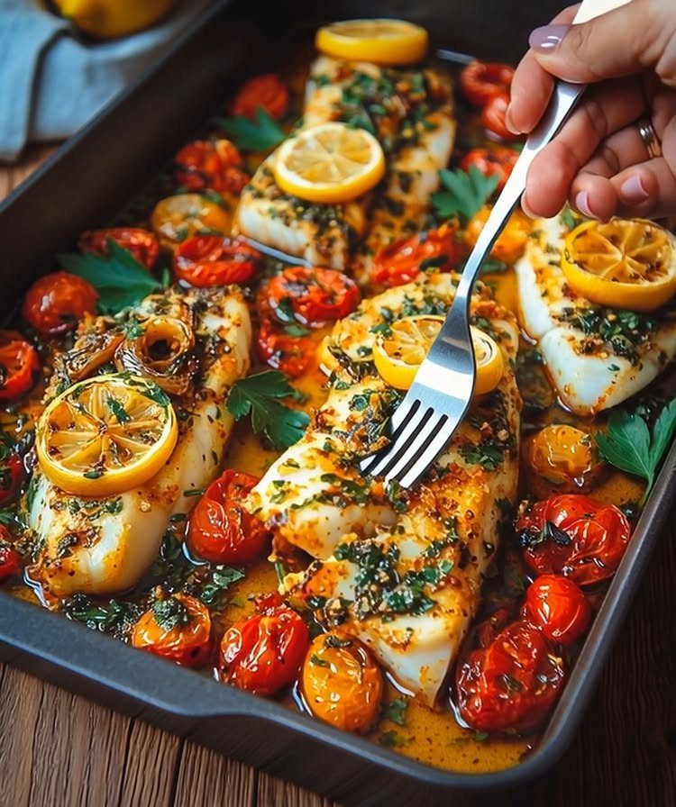 White fish fillets with lemon and roasted cherry tomatoes in a baking pan.