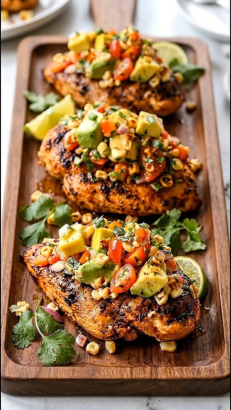Grilled chicken breasts topped with avocado corn salsa on a wooden serving board.