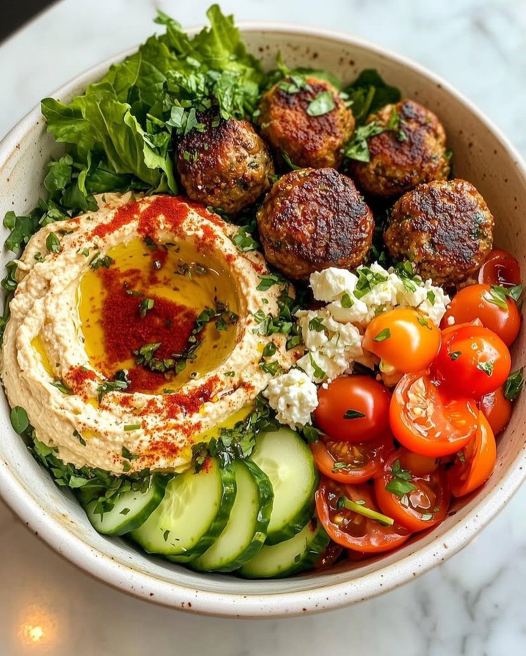 Falafel bowl with hummus, cherry tomatoes, sliced cucumbers, and crumbled feta cheese.