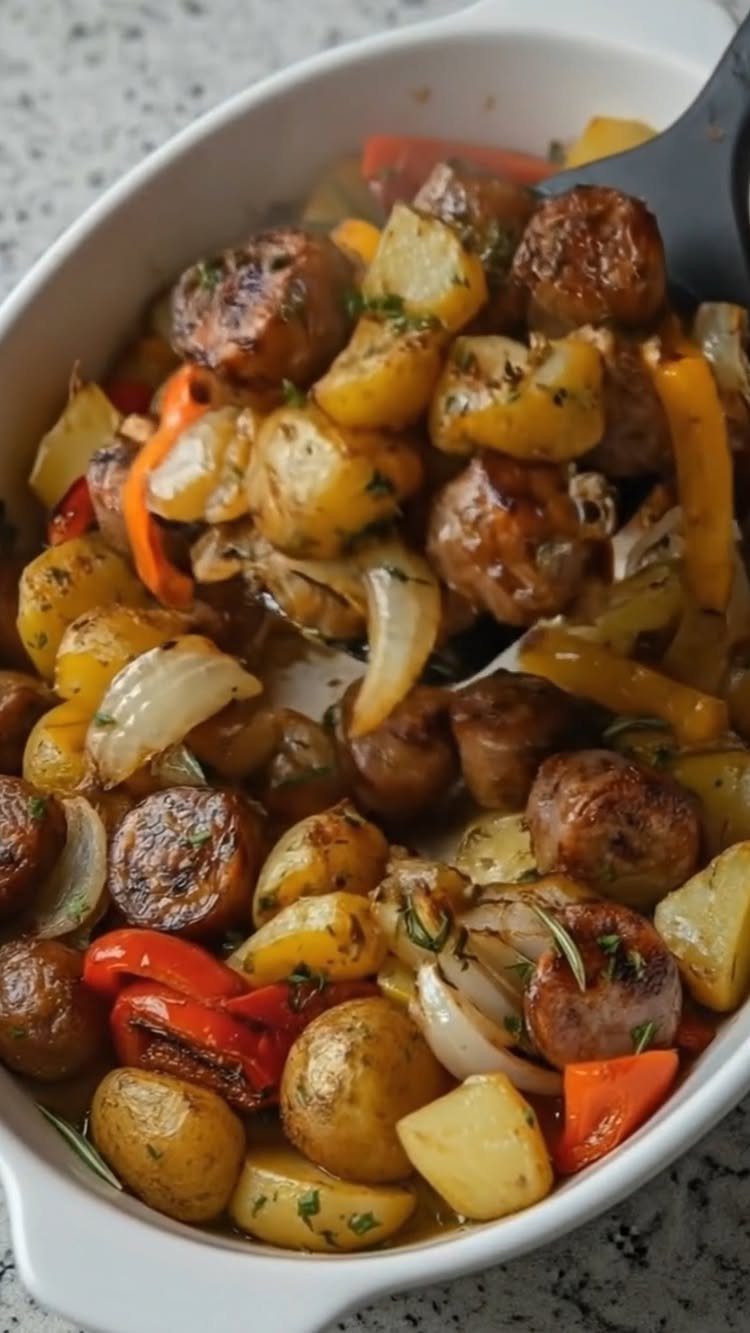 Roasted sliced sausages with potatoes, bell peppers, and onions in a white dish.