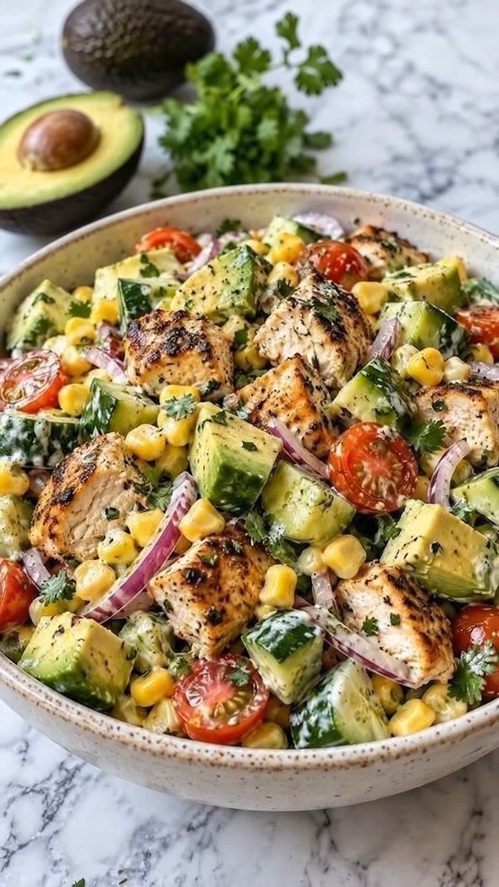 Grilled chicken salad with avocado, corn, cucumber, and cherry tomatoes in a bowl.