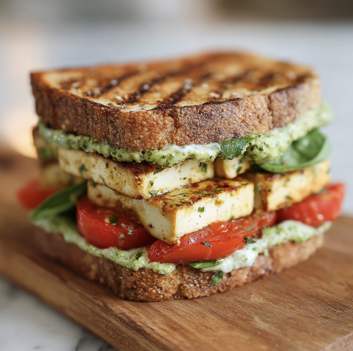 Grilled tofu sandwich with tomato, pesto, and spinach on toasted brown bread.