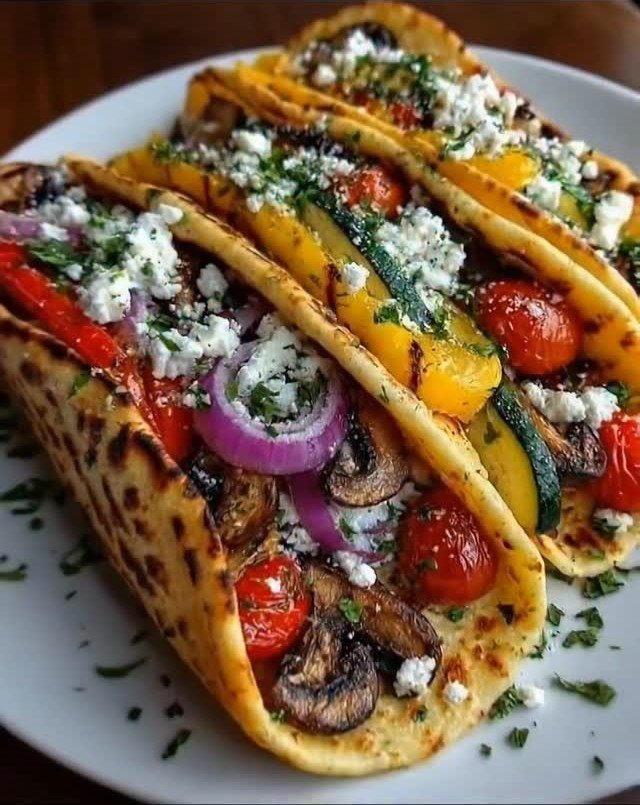 Grilled vegetable tacos with crumbled cheese and herbs on a white plate