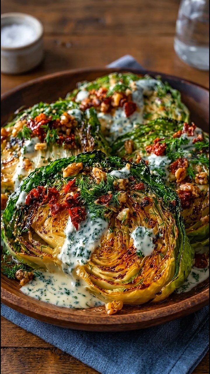 Roasted sweetheart cabbage wedges topped with creamy herb sauce, walnuts, and sun-dried tomatoes.
