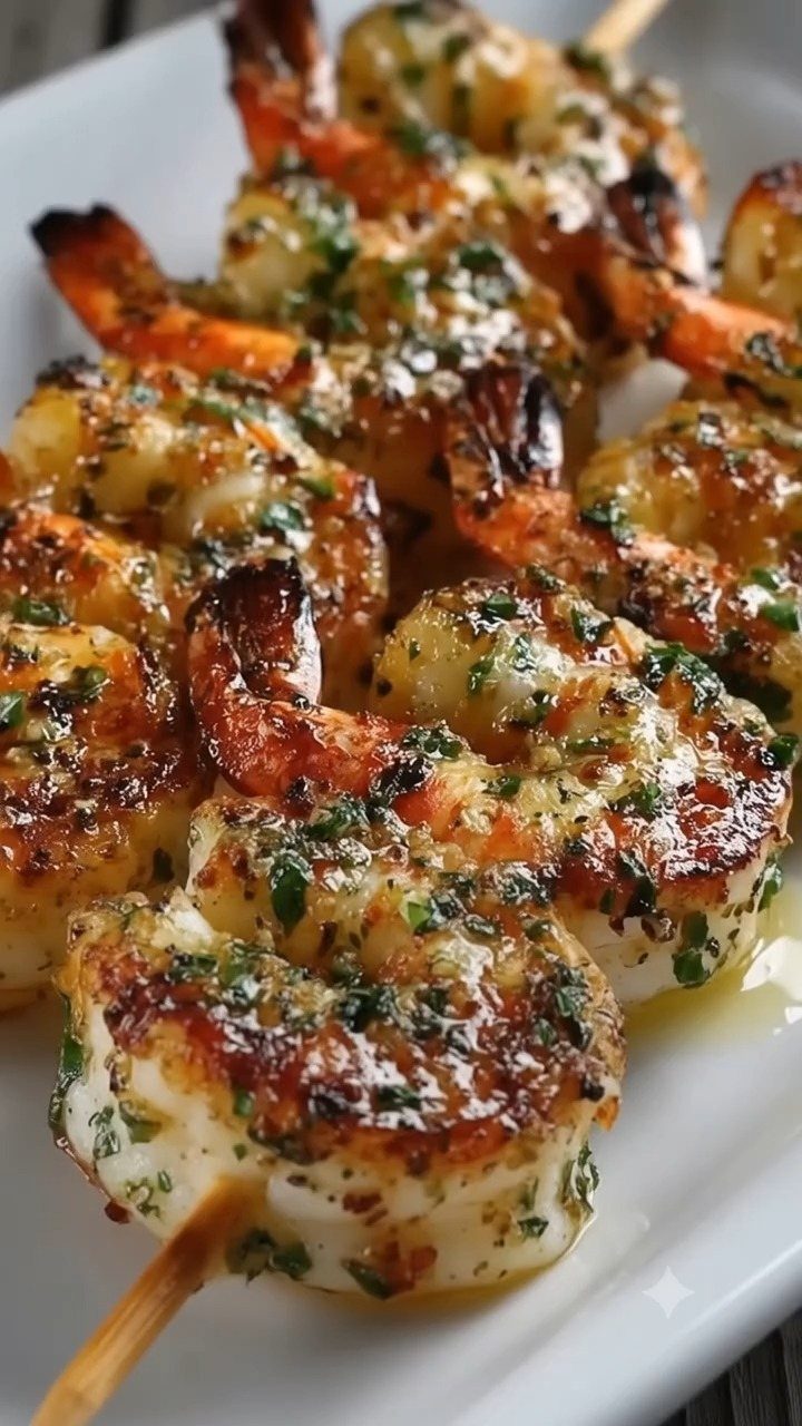 Grilled shrimp skewers with garlic and herbs served on a white platter.