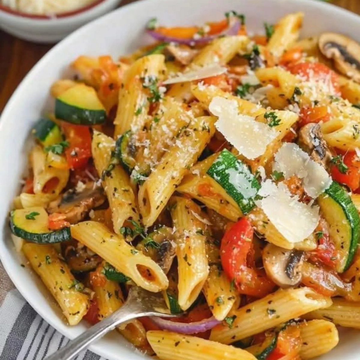 Penne pasta with zucchini, tomatoes, and mushrooms topped with shaved parmesan cheese.