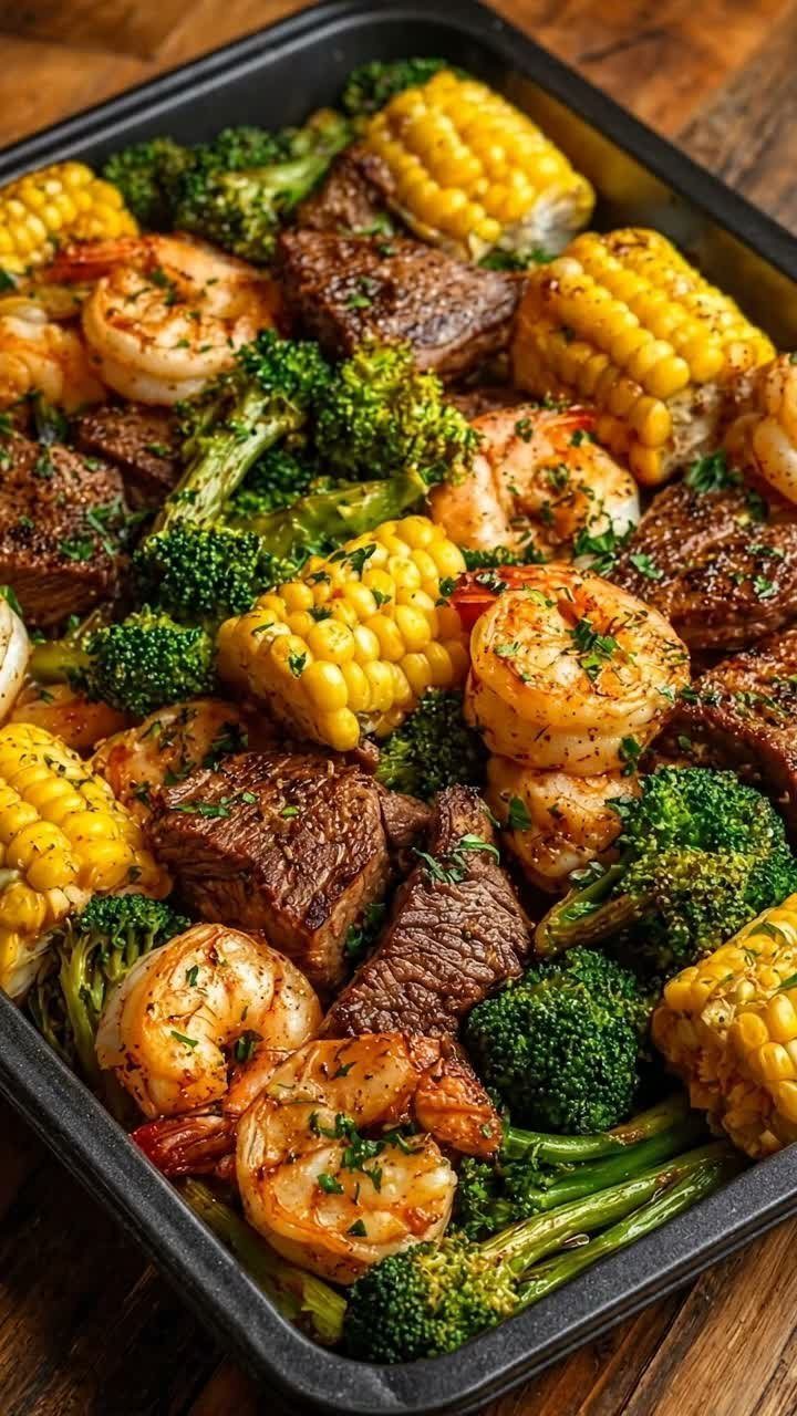 Grilled shrimp, steak, corn, and broccoli on a black sheet pan with herbs.
