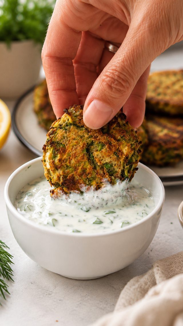 Zucchini fritter being dipped into a creamy herb sauce in a white bowl.
