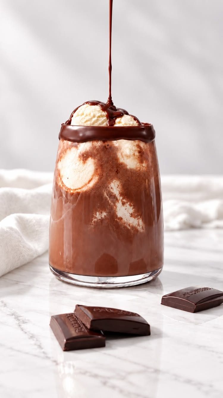 Hot chocolate float with vanilla ice cream and chocolate syrup on marble surface
