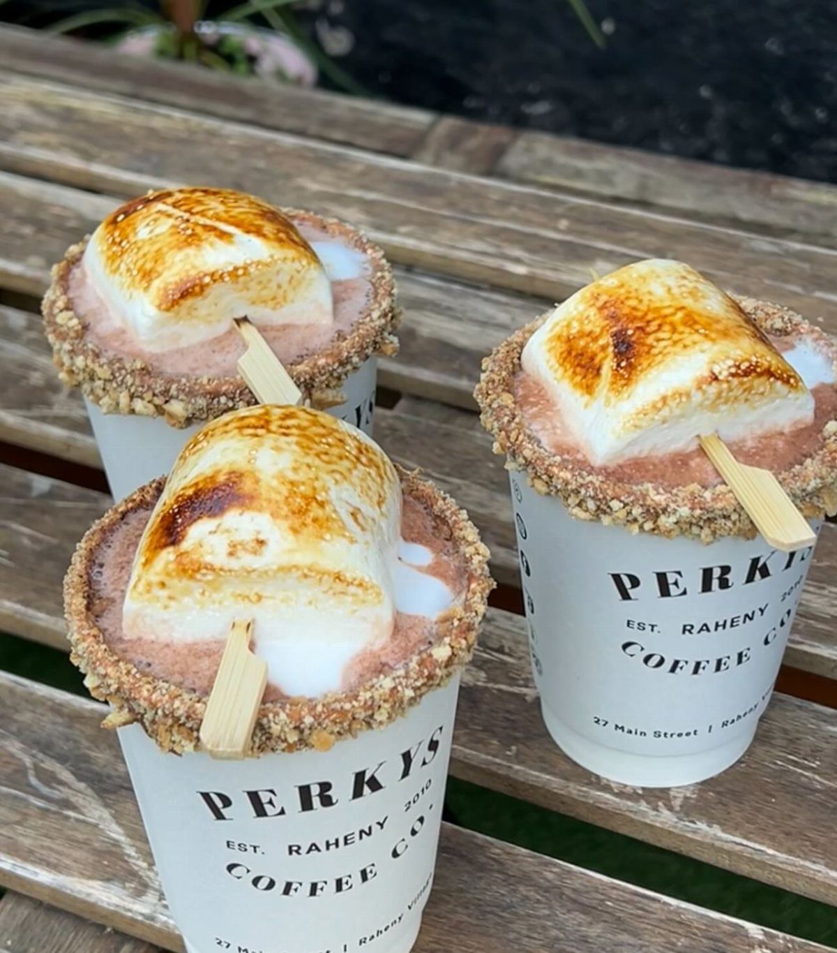 Three hot chocolate drinks with toasted marshmallows and crumb-coated rims on a wooden table.