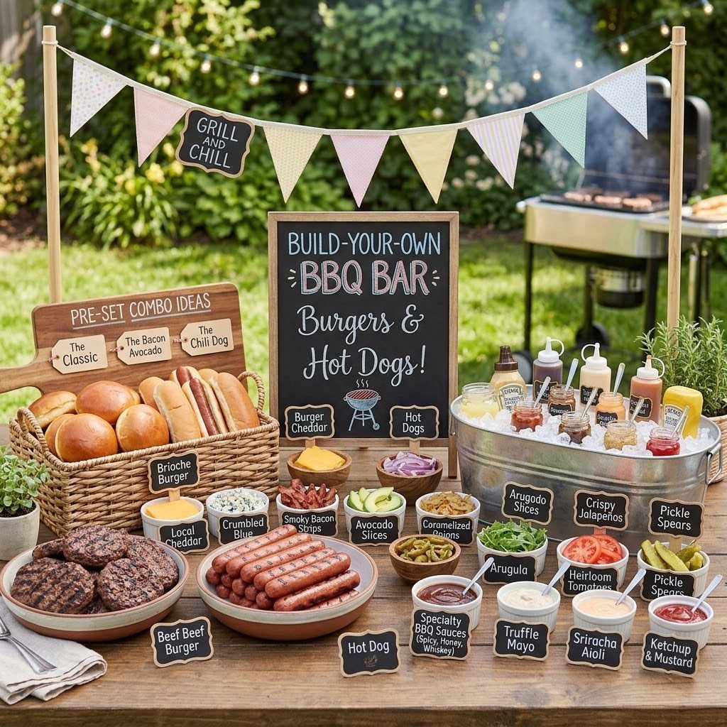 Outdoor BBQ bar setup with hot dogs, burgers, and toppings on a wooden table.