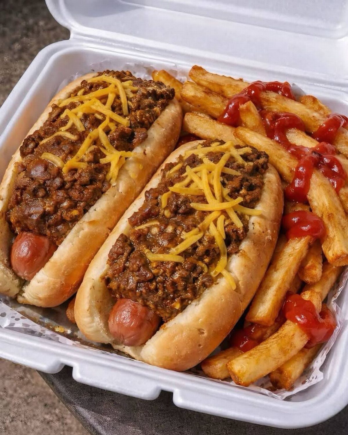 Two chili cheese hot dogs and french fries with ketchup in a white container.