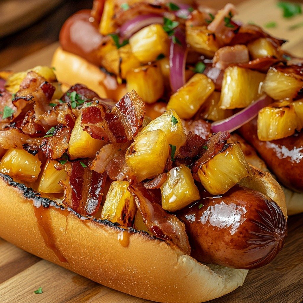 Hot dogs topped with grilled pineapple, bacon, and red onion on wooden board