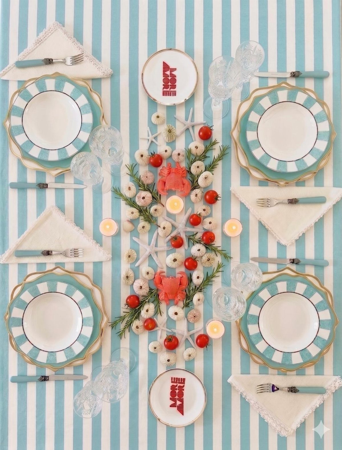 Table set for four with blue striped linens, white plates, and nautical centerpieces.