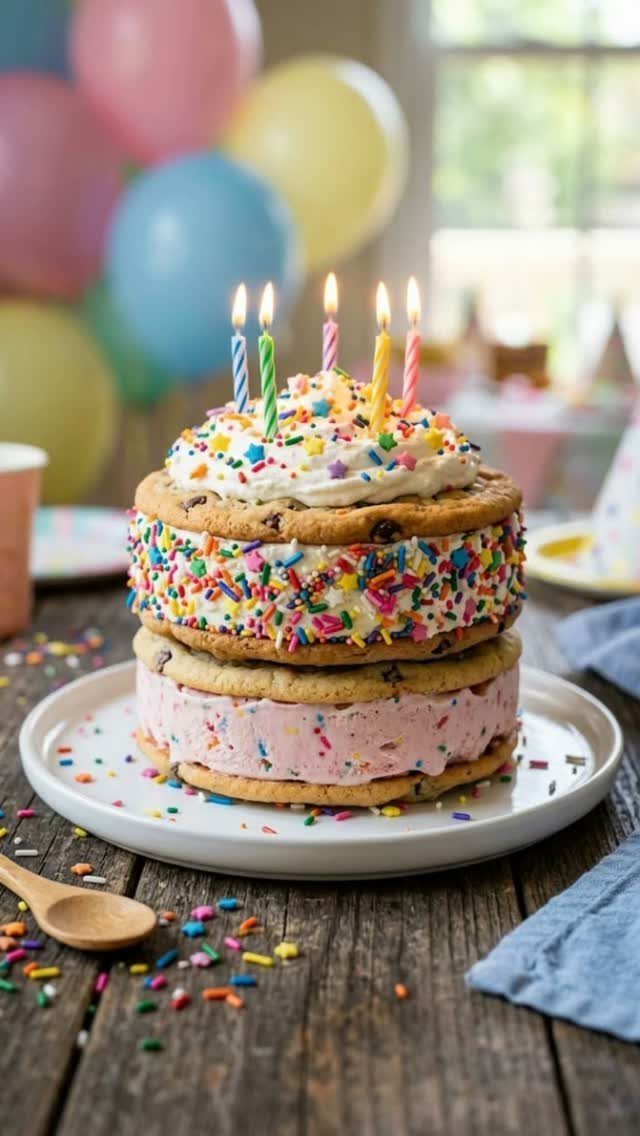 Layered ice cream cake with rainbow sprinkles and lit candles on a wooden table
