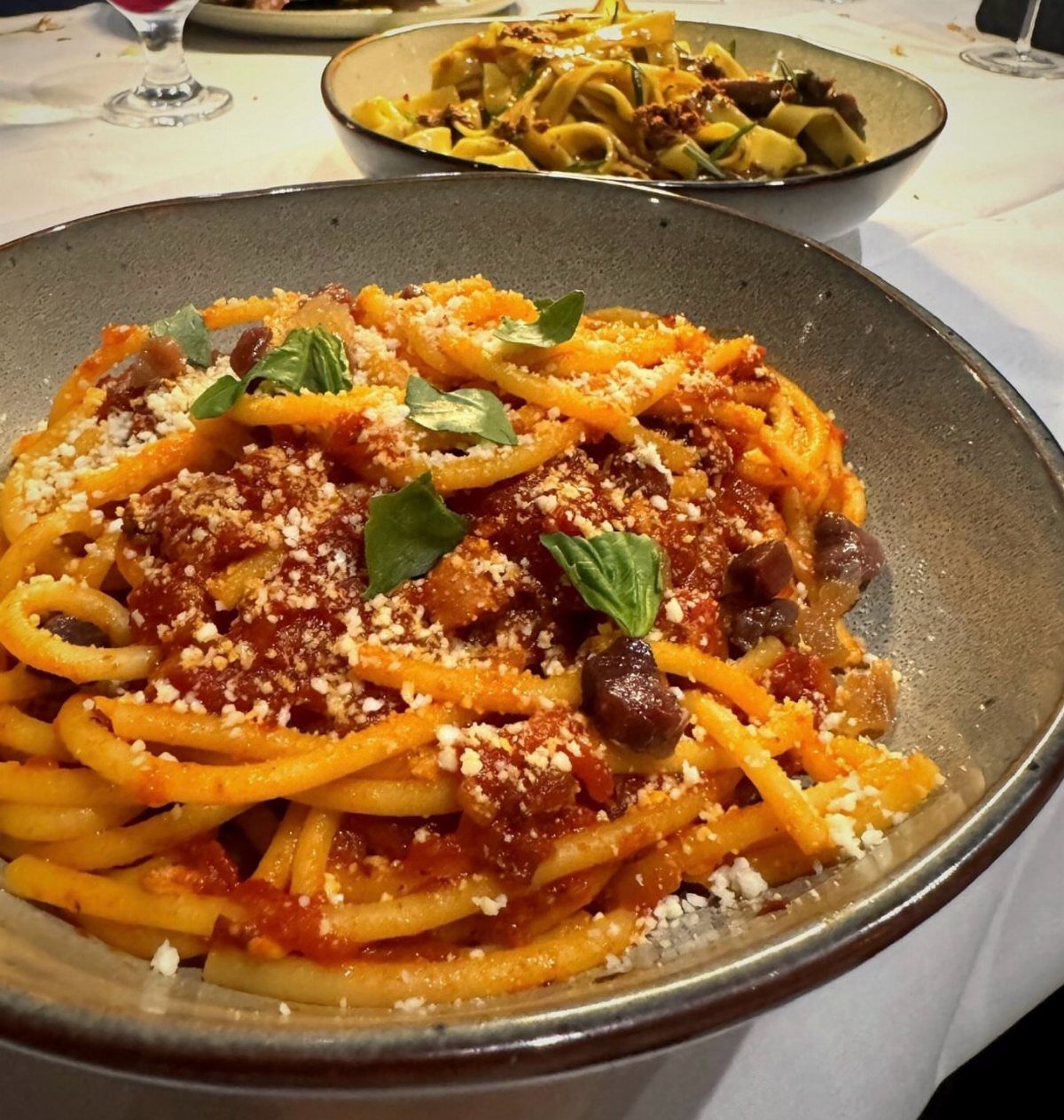 Bucatini pasta with red tomato sauce, grated cheese, and fresh basil in a bowl.
