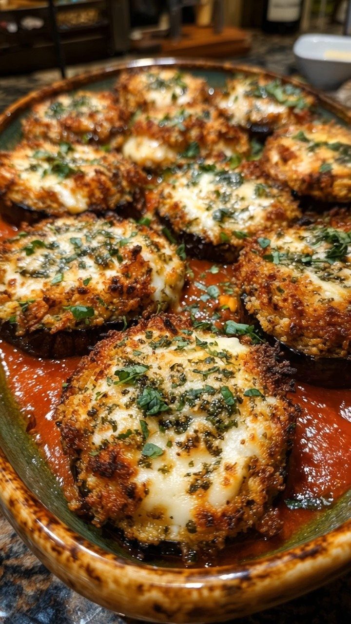 Eggplant parmesan slices with melted cheese and herbs in a red sauce dish.