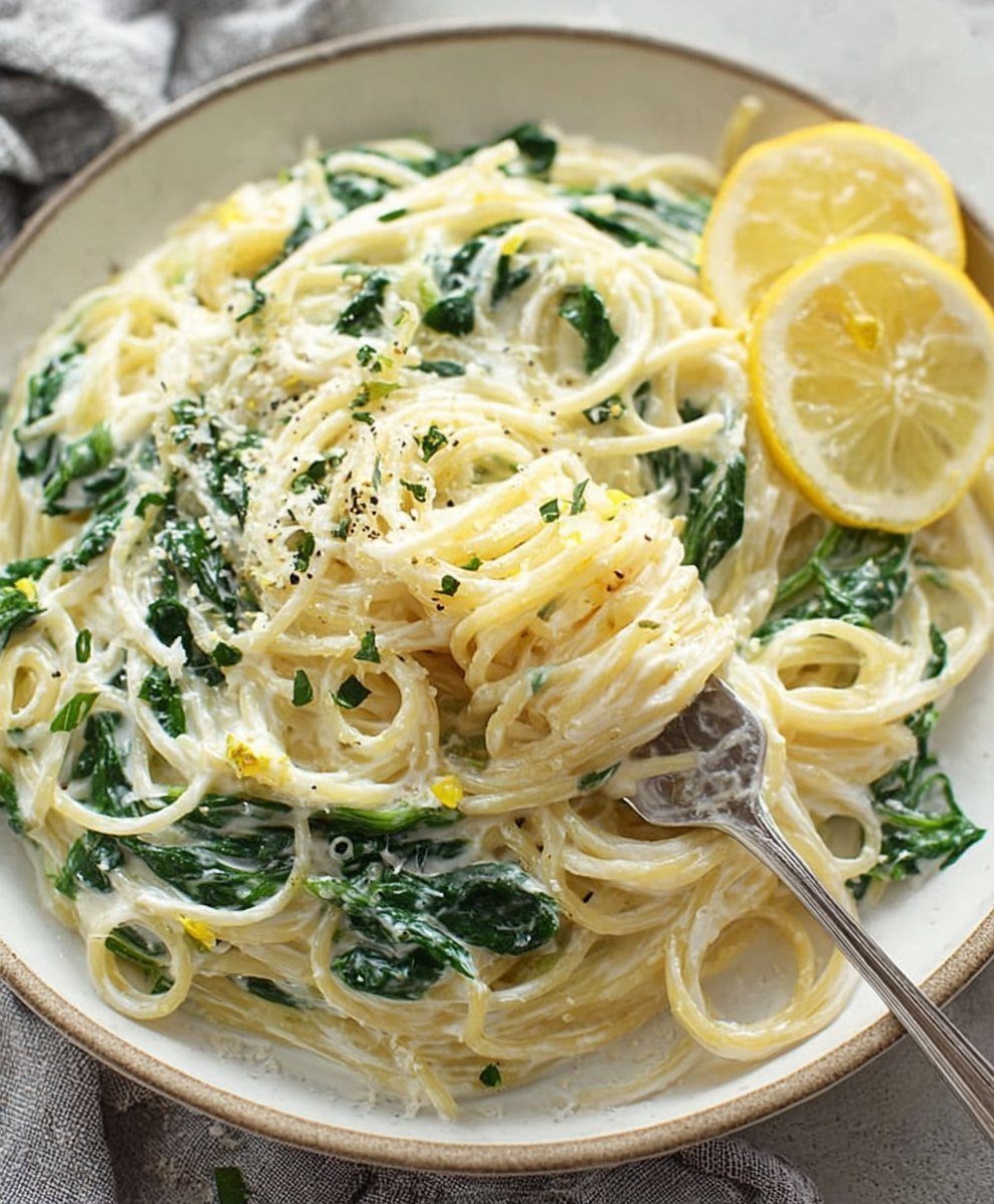Creamy pasta with spinach and lemon slices in a ceramic bowl.