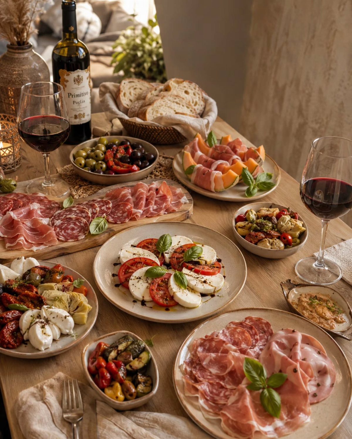 Assorted Italian antipasto platters with cured meats, caprese salad, and red wine.