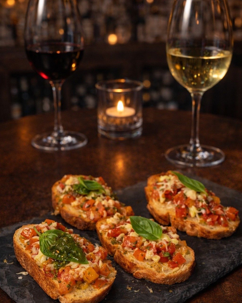 Bruschetta topped with tomatoes and basil on a slate platter with wine glasses.