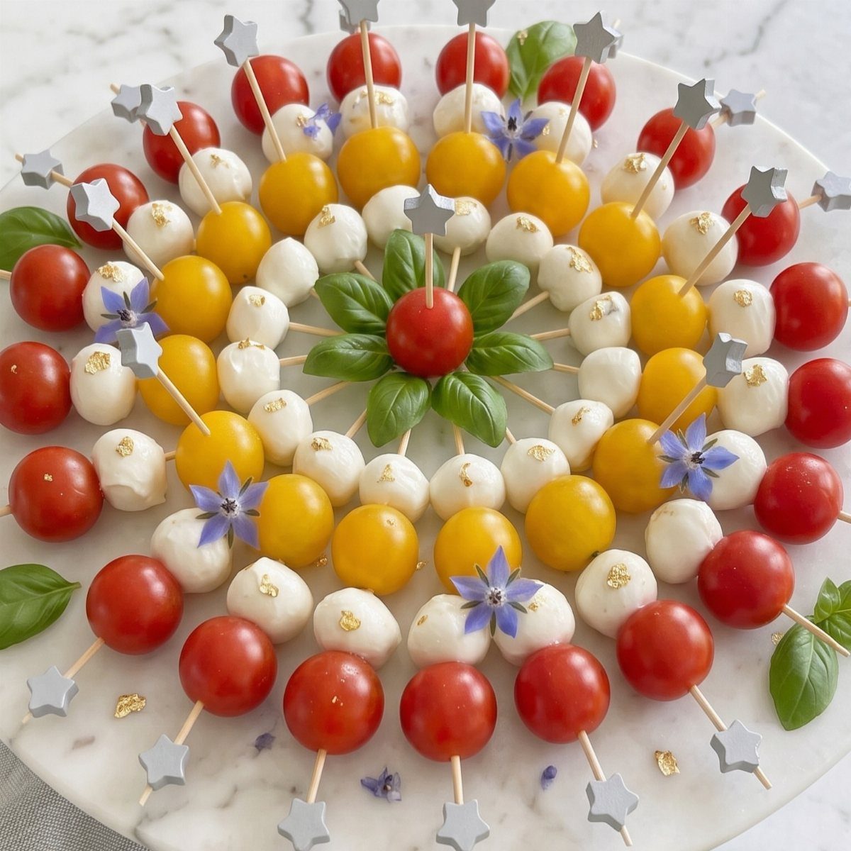 Caprese skewers with red and yellow tomatoes, mozzarella, and basil on a platter.