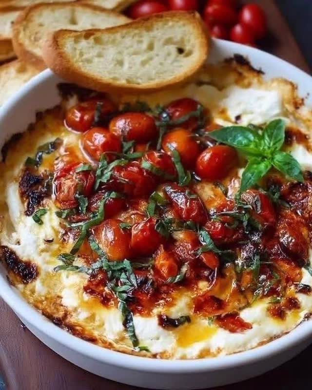 Baked feta cheese dip with roasted cherry tomatoes and fresh basil with toasted baguette.
