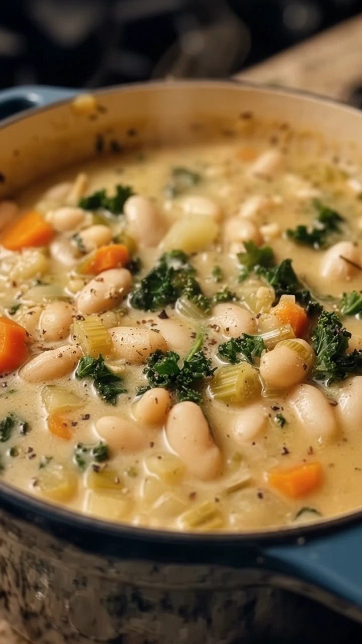 Creamy white bean soup with kale and carrots in a blue pot.
