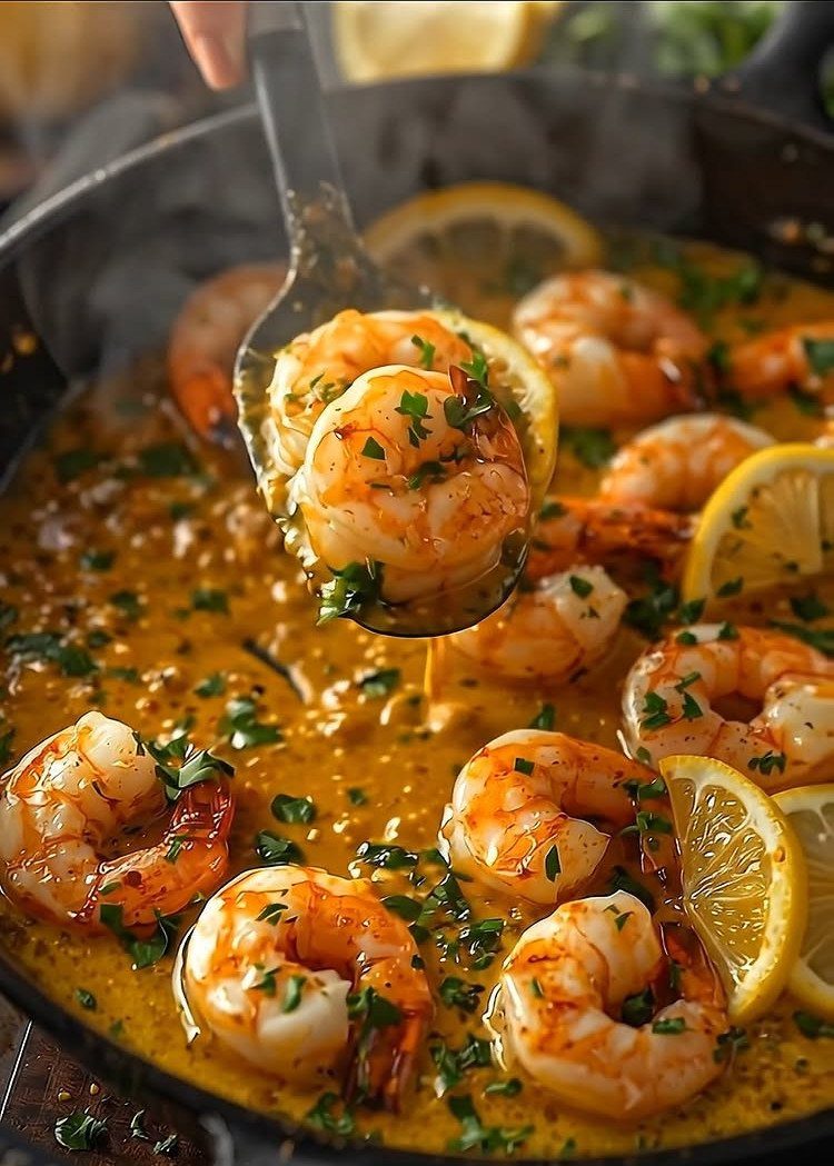 Shrimp scampi with lemon slices and parsley in a black cooking pan