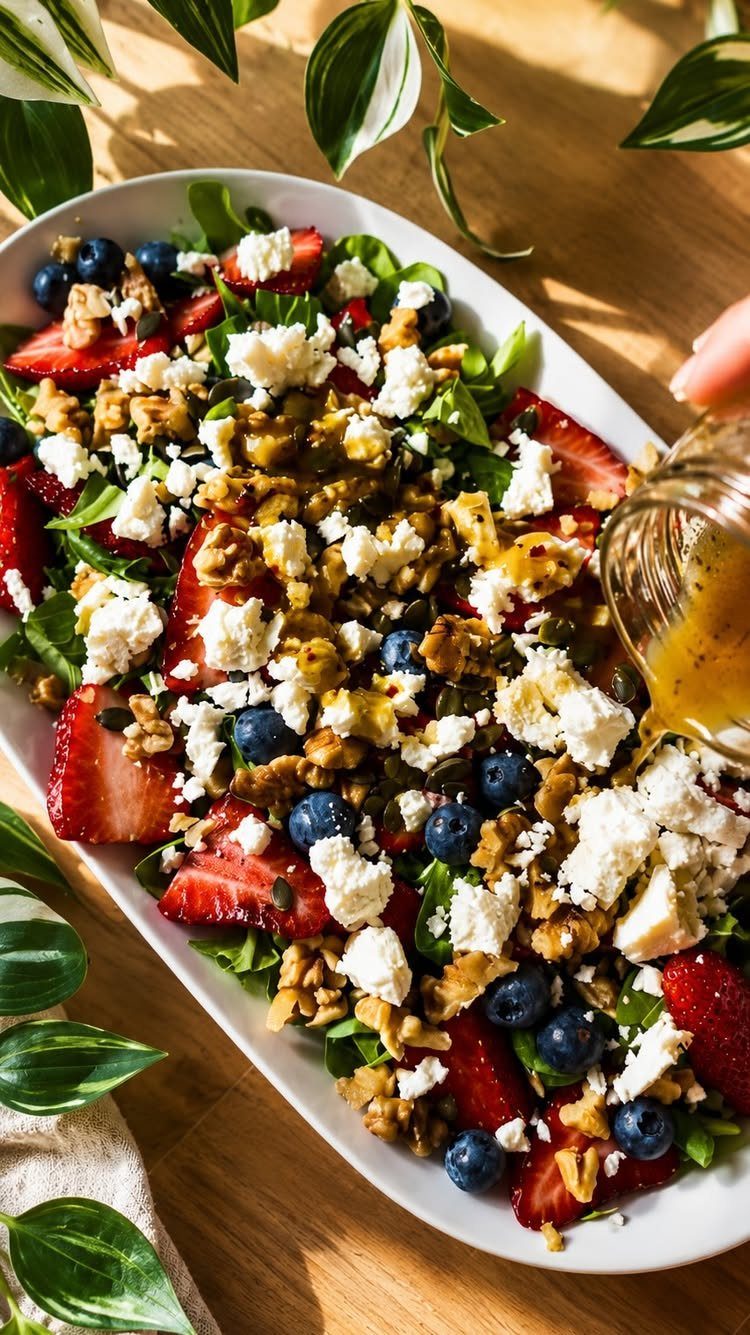 Berry salad with feta and walnuts on a platter with dressing being poured.