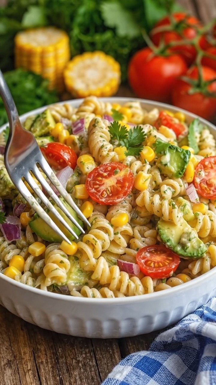 Rotini pasta salad with cherry tomatoes, corn, and zucchini in a white bowl.