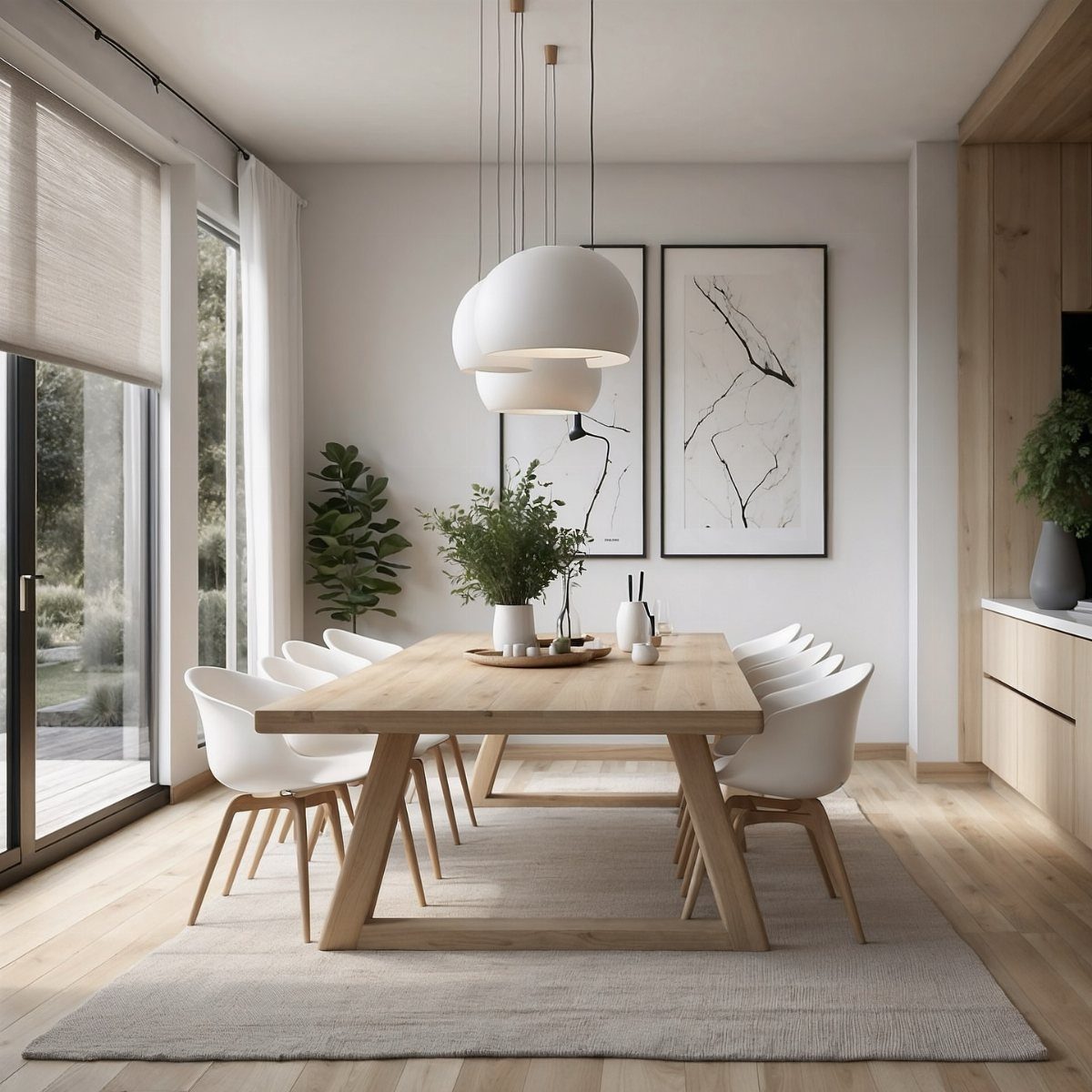 Light wood dining table with white chairs and a green plant centerpiece.