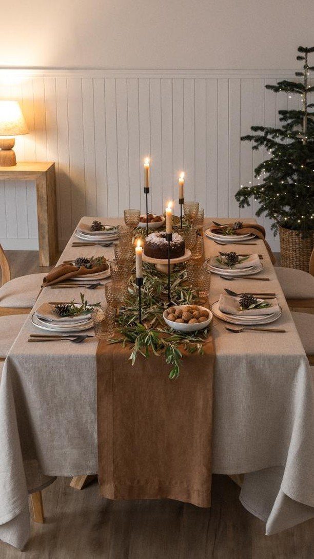 Dining table set with lit taper candles, greenery, and plates for a holiday meal.