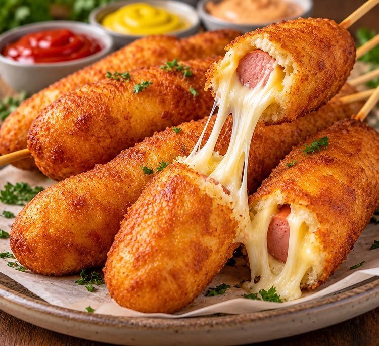 Cheese-filled corn dogs on sticks with dipping sauces on a wooden platter.