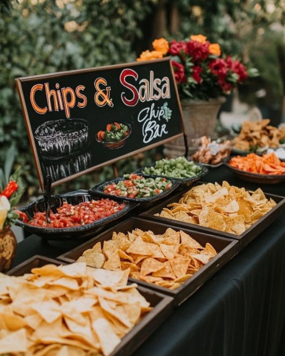 Tortilla chips and various salsas arranged on a buffet table with a chalkboard sign.