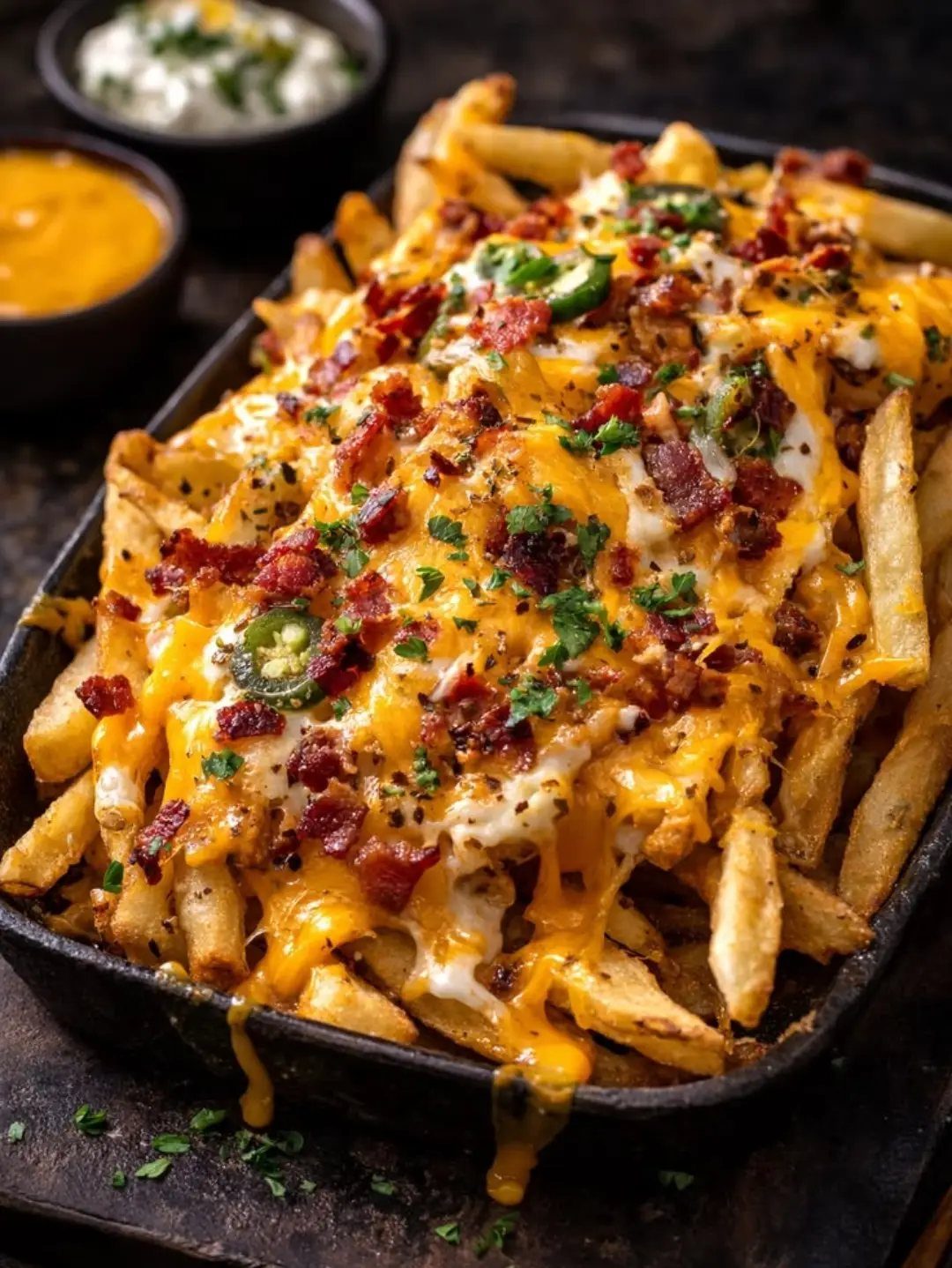 Loaded french fries topped with melted cheese, bacon, and jalapeños in a skillet.