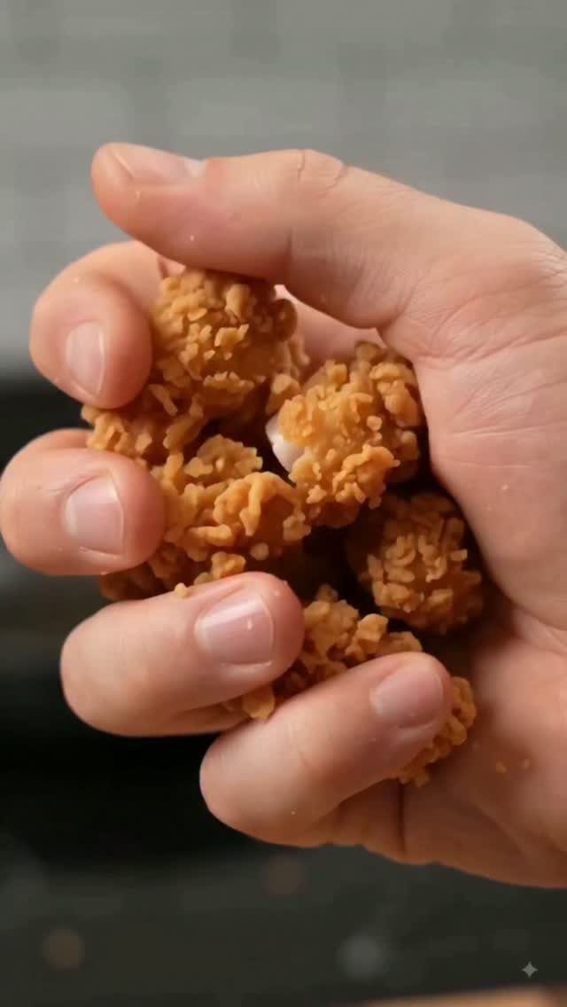 Hand holding several golden-brown, crispy pieces of popcorn chicken.