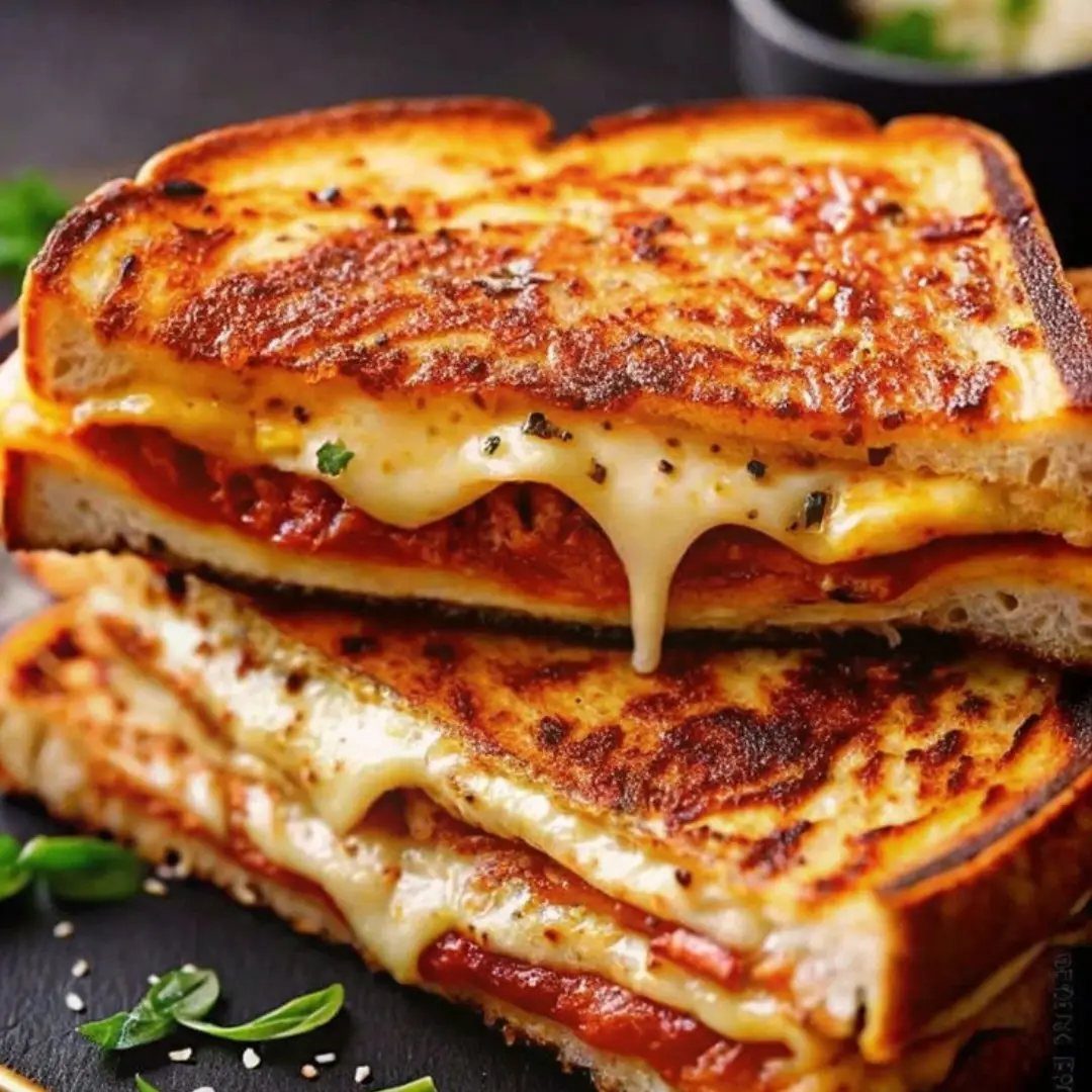 Toasted sandwiches with melted cheese and tomato slices stacked on a dark surface.