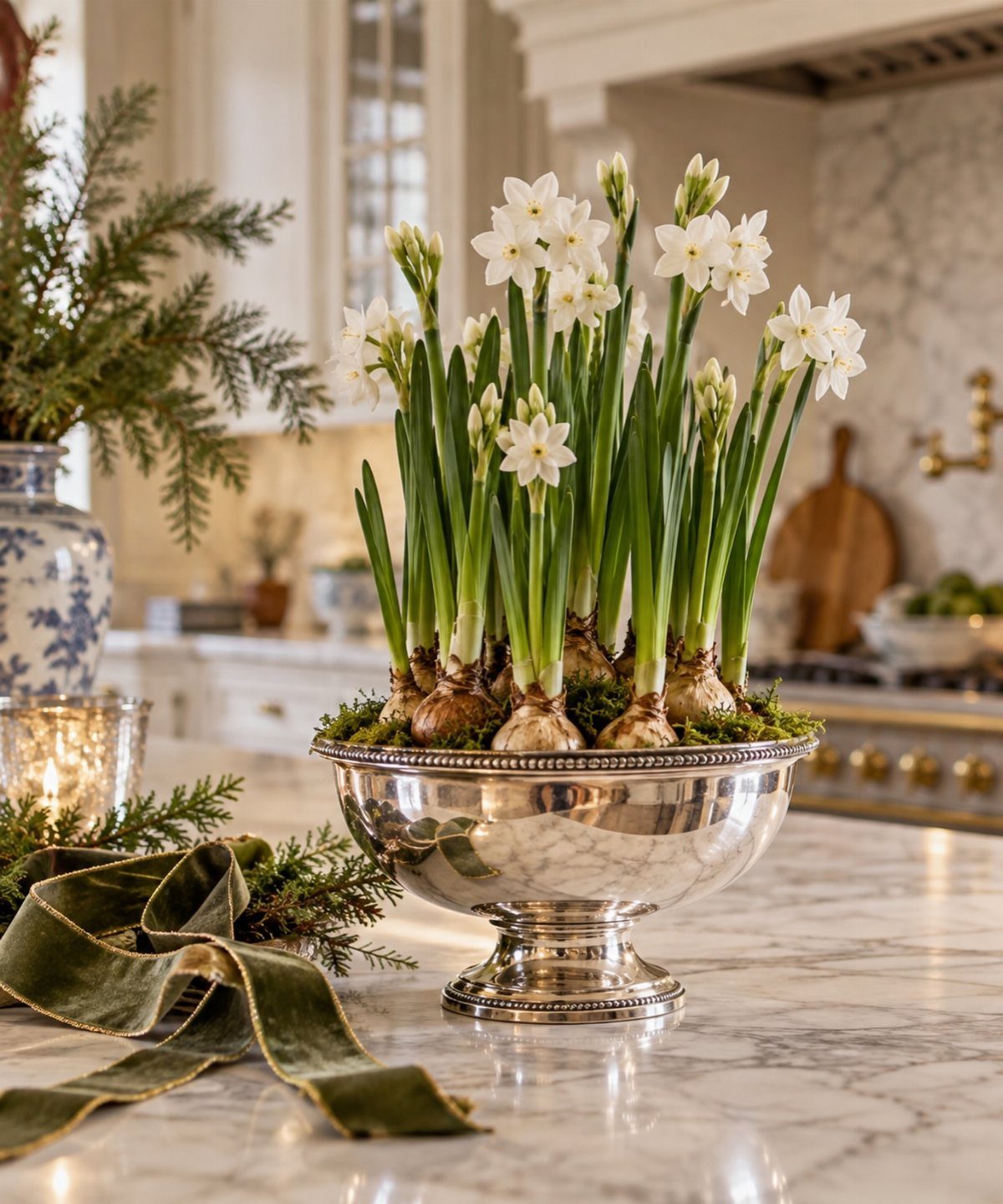 White paperwhite bulbs growing in a silver bowl on a marble kitchen counter.