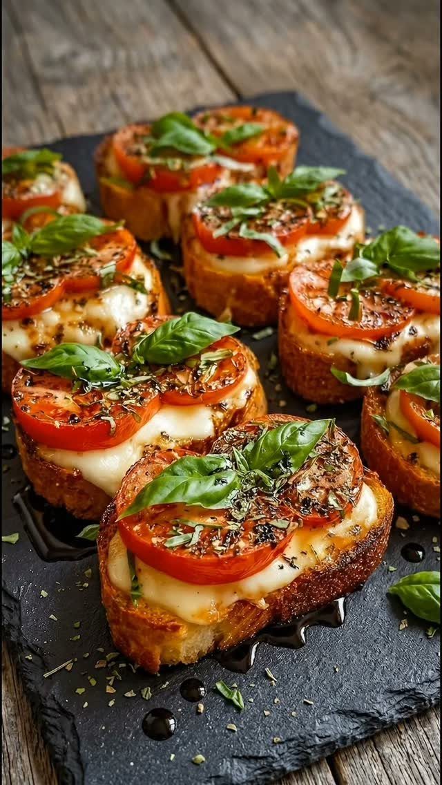 Bruschetta with melted cheese, tomato, and basil on a dark slate platter.