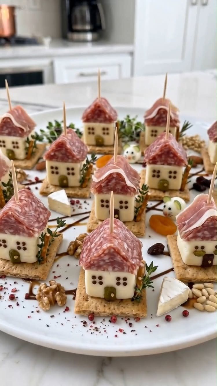 House-shaped cheese and salami appetizers on crackers arranged on a white platter.