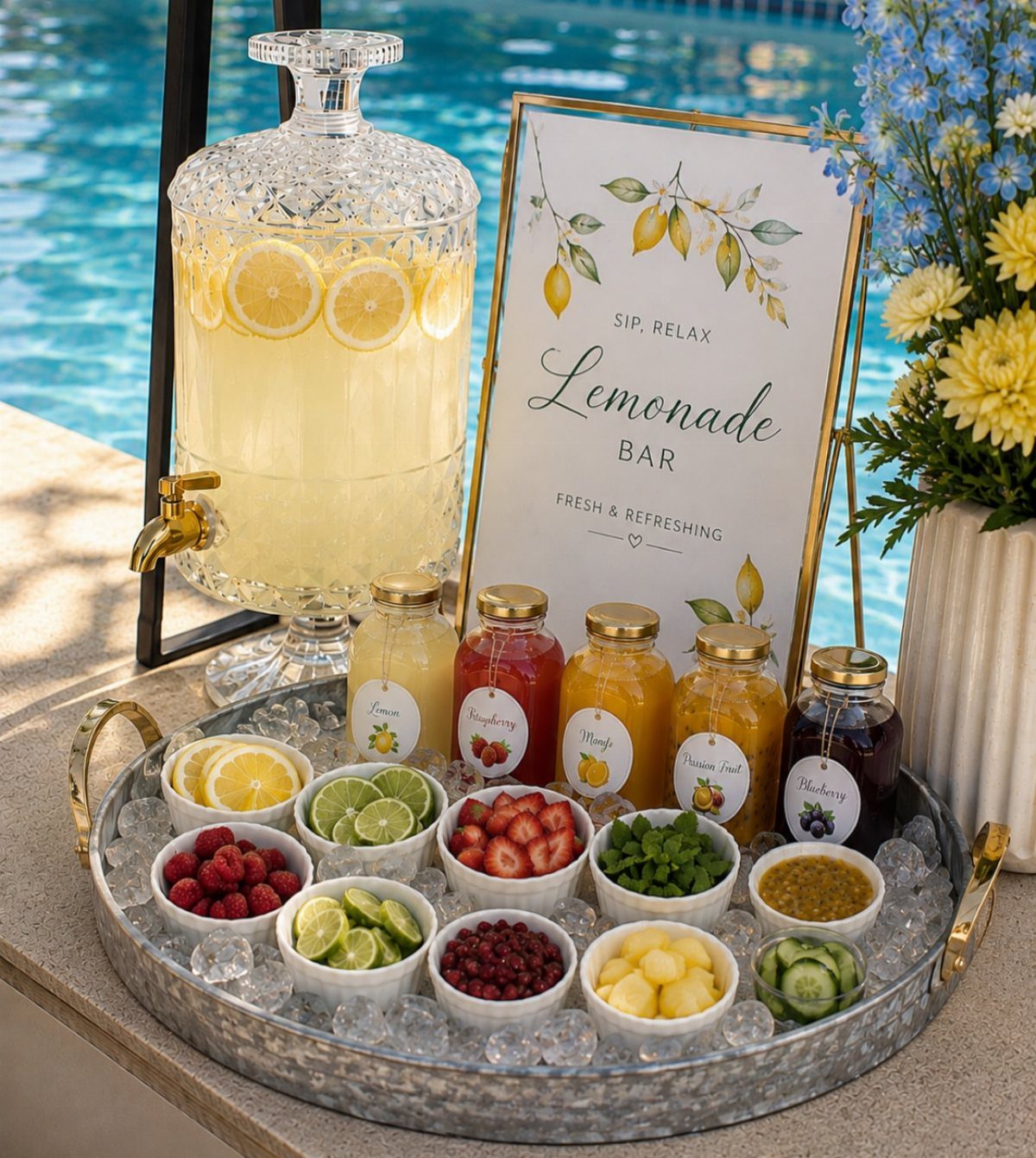 Lemonade bar with a large dispenser, juice jars, and fresh fruit on ice.